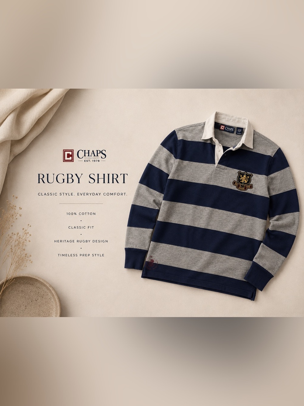 Chaps Navy and Gray Wide-Stripe Rugby Polo